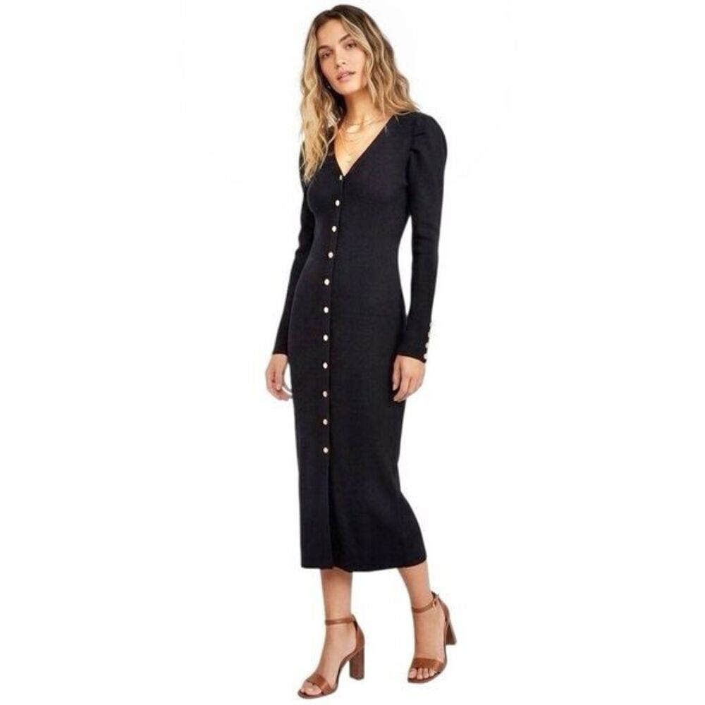 Nanette Lepore Sweater Dress Sz XL Ribbed Midi Black Long Sleeve Pearl Button